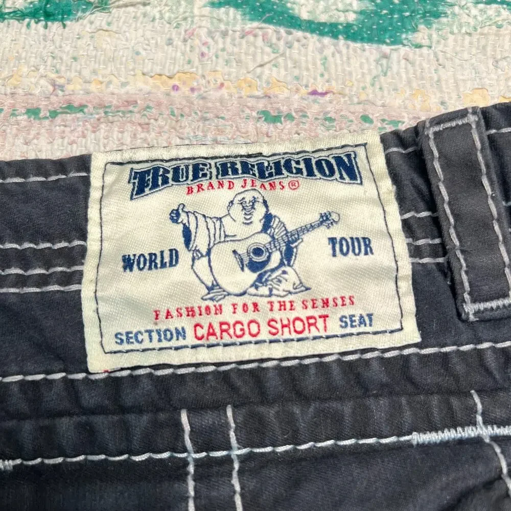 True Religion Shorts Men's 40 Jet Black Cargo Shorts Utility Pockets